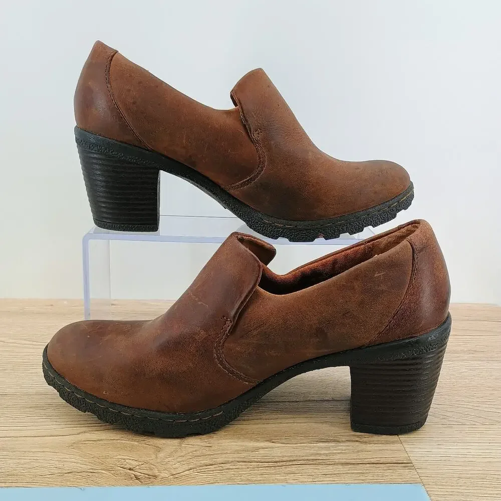 Boc Born Heeled Shoe Womens 8 Brown Leather Slip On Block Heel Comfort Shoes